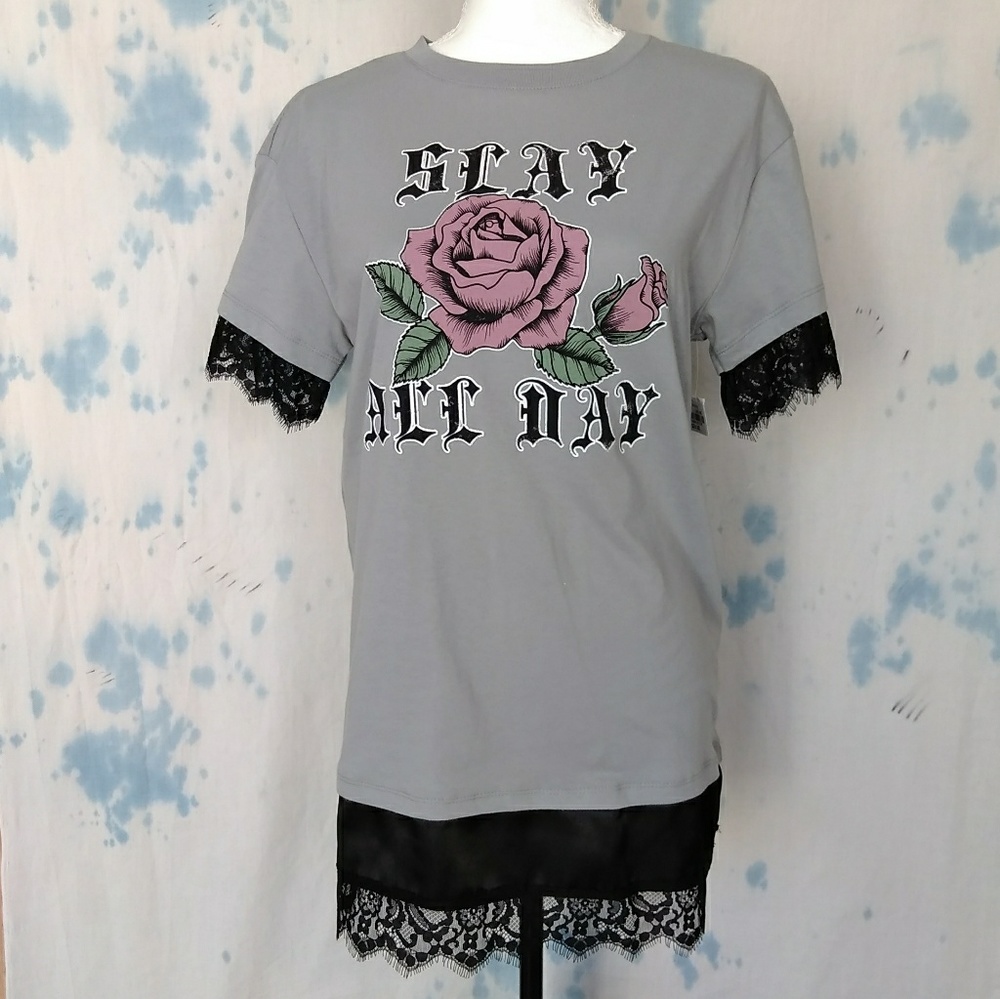 Gold rush slay rose lace trim top size S